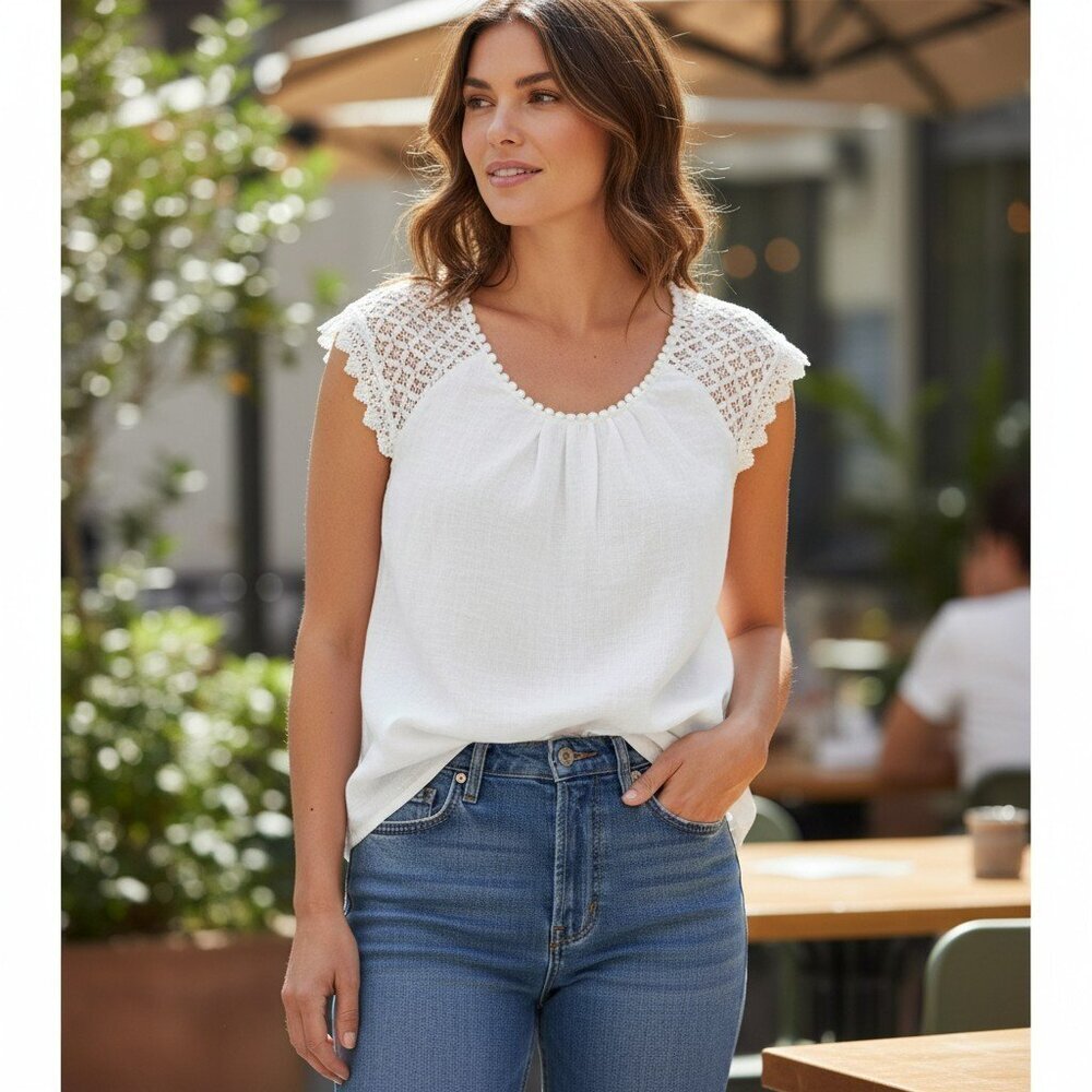 Alessia Pacini Top Womens Large White 100% Linen Lace Shoulders Made In Italy L